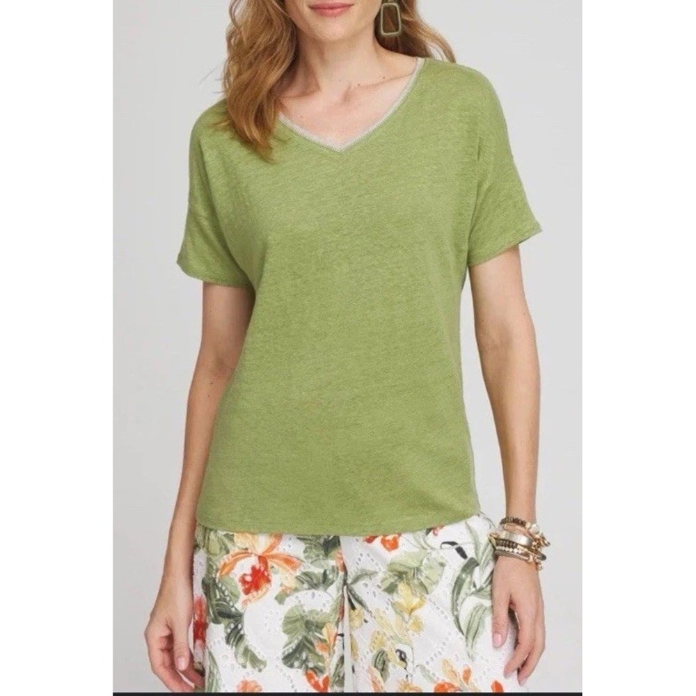 NWT Chicos Linen Sweater Trim Tee Shirt Lime Green Womens Size 3